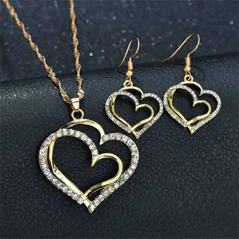 KIMLUD, 3 Pcs Set Heart Shaped Jewelry Set Of Earrings Pendant Necklace For Women Exquisite Fashion Rhinestone Double Heart Jewelry Set, KIMLUD Womens Clothes