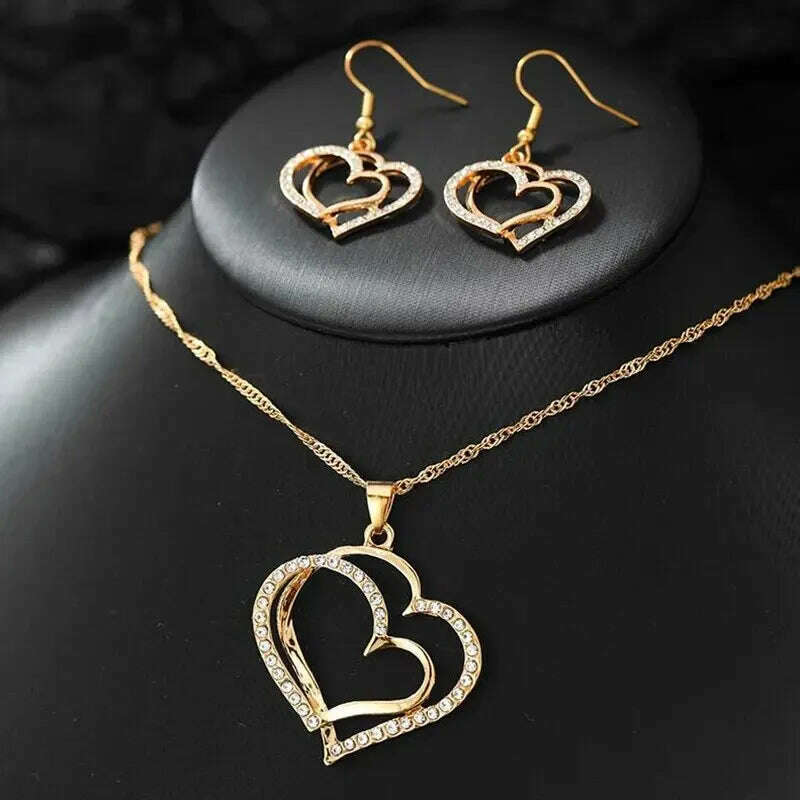 KIMLUD, 3 Pcs Set Heart Shaped Jewelry Set Of Earrings Pendant Necklace For Women Exquisite Fashion Rhinestone Double Heart Jewelry Set, KIMLUD Women's Clothes