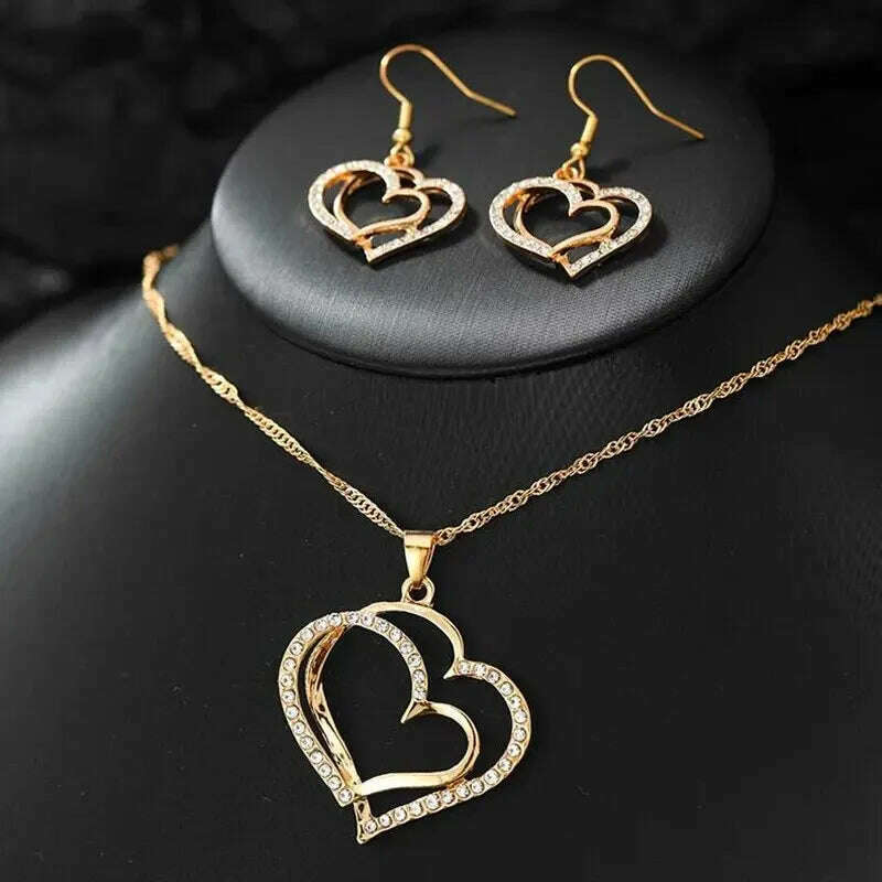 KIMLUD, 3 Pcs Set Heart Shaped Jewelry Set Of Earrings Pendant Necklace For Women Exquisite Fashion Rhinestone Double Heart Jewelry Set, KIMLUD Womens Clothes