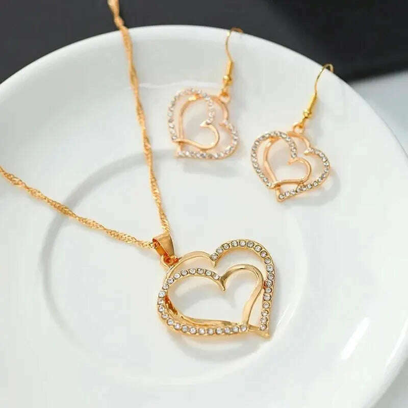 KIMLUD, 3 Pcs Set Heart Shaped Jewelry Set Of Earrings Pendant Necklace For Women Exquisite Fashion Rhinestone Double Heart Jewelry Set, KIMLUD Women's Clothes