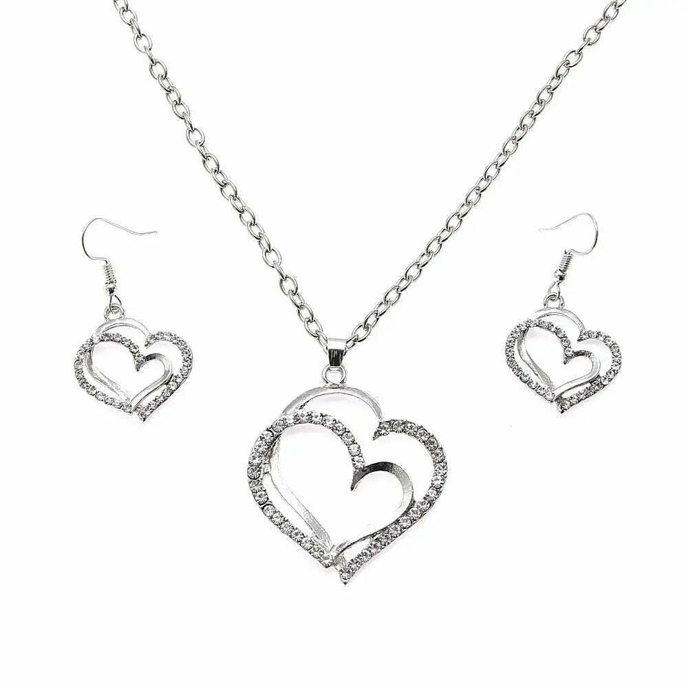 KIMLUD, 3 Pcs Set Heart Shaped Jewelry Set Of Earrings Pendant Necklace For Women Exquisite Fashion Rhinestone Double Heart Jewelry Set, silver, KIMLUD Women's Clothes