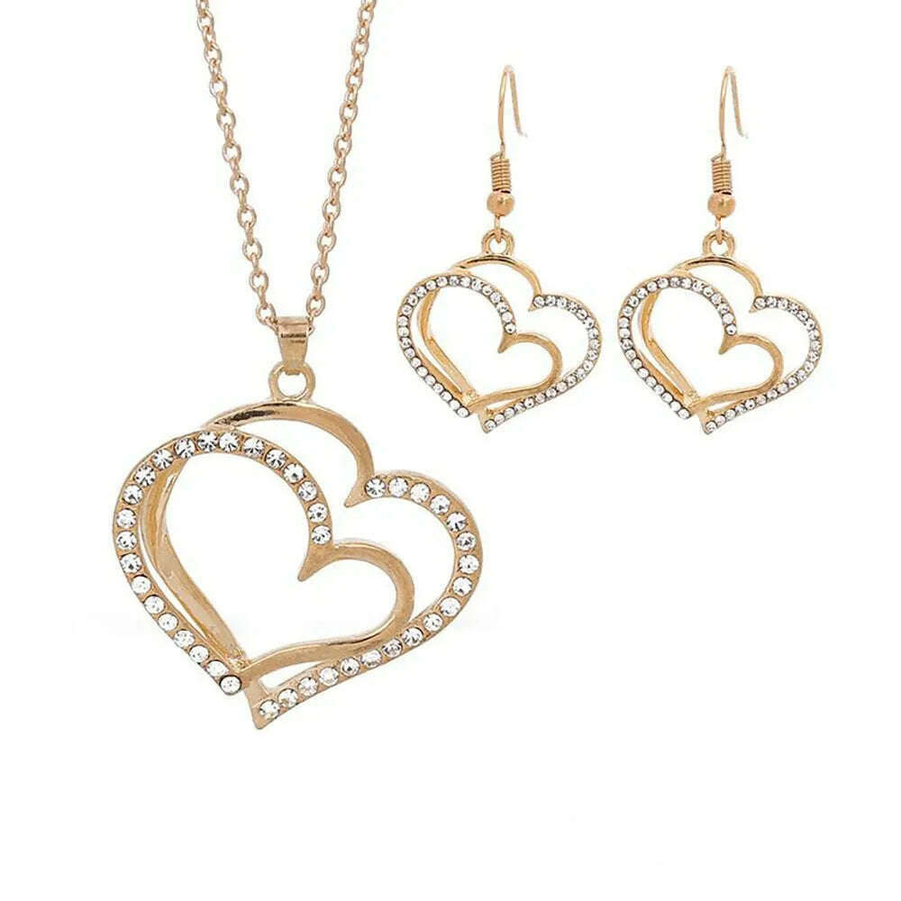 KIMLUD, 3 Pcs Set Heart Shaped Jewelry Set Of Earrings Pendant Necklace For Women Exquisite Fashion Rhinestone Double Heart Jewelry Set, Gold, KIMLUD Women's Clothes