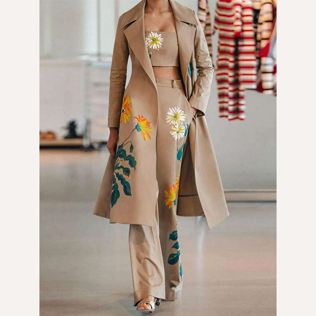 KIMLUD, 3 Pieces Pants Sets for Women Windbreaker Suit Autumn Winter Clothes Flower Print Long Trench Coat Tube Vest Pants Suits Outfits, Khaki / S / CN, KIMLUD Womens Clothes
