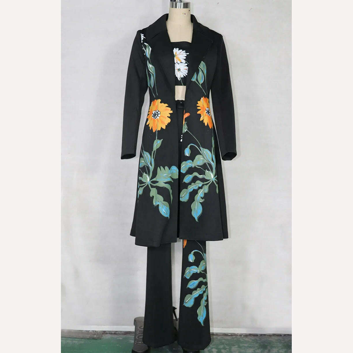 KIMLUD, 3 Pieces Pants Sets for Women Windbreaker Suit Autumn Winter Clothes Flower Print Long Trench Coat Tube Vest Pants Suits Outfits, KIMLUD Womens Clothes