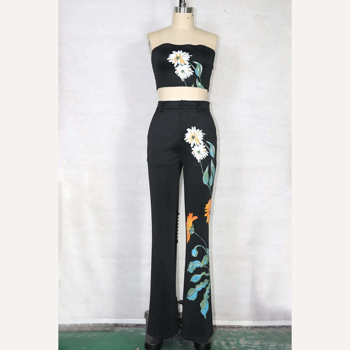 KIMLUD, 3 Pieces Pants Sets for Women Windbreaker Suit Autumn Winter Clothes Flower Print Long Trench Coat Tube Vest Pants Suits Outfits, KIMLUD Womens Clothes