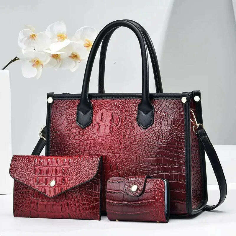 KIMLUD, 3 Pieces Sets Shoulder Bag for Women Retro Crocodile Pattern High Quality Leather Luxury Designer Crossbody Commute Tote Handbag, KIMLUD Women's Clothes