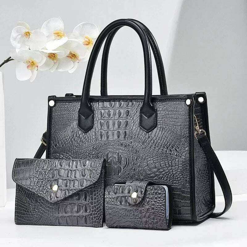 KIMLUD, 3 Pieces Sets Shoulder Bag for Women Retro Crocodile Pattern High Quality Leather Luxury Designer Crossbody Commute Tote Handbag, KIMLUD Women's Clothes
