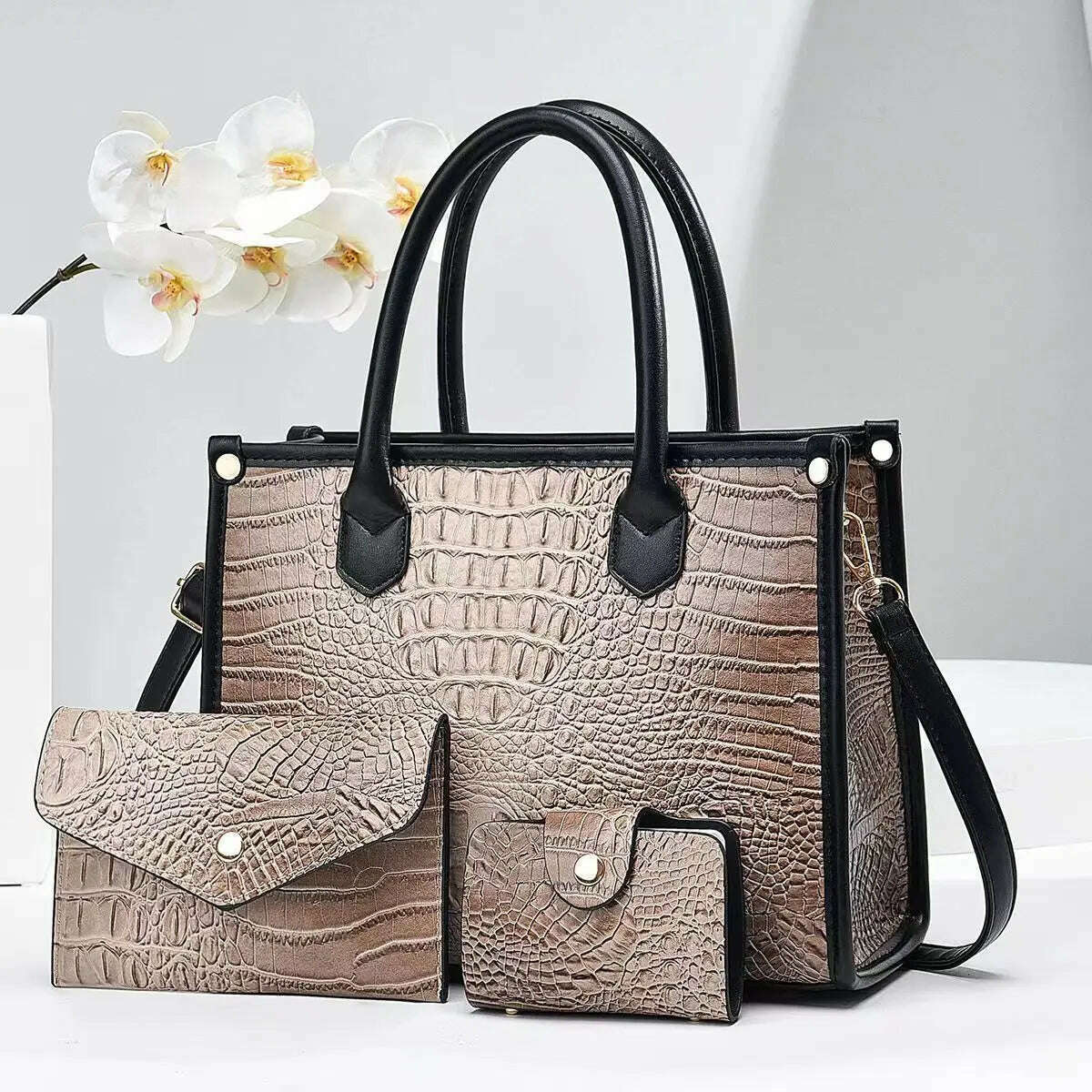 KIMLUD, 3 Pieces Sets Shoulder Bag for Women Retro Crocodile Pattern High Quality Leather Luxury Designer Crossbody Commute Tote Handbag, Khaki, KIMLUD Womens Clothes
