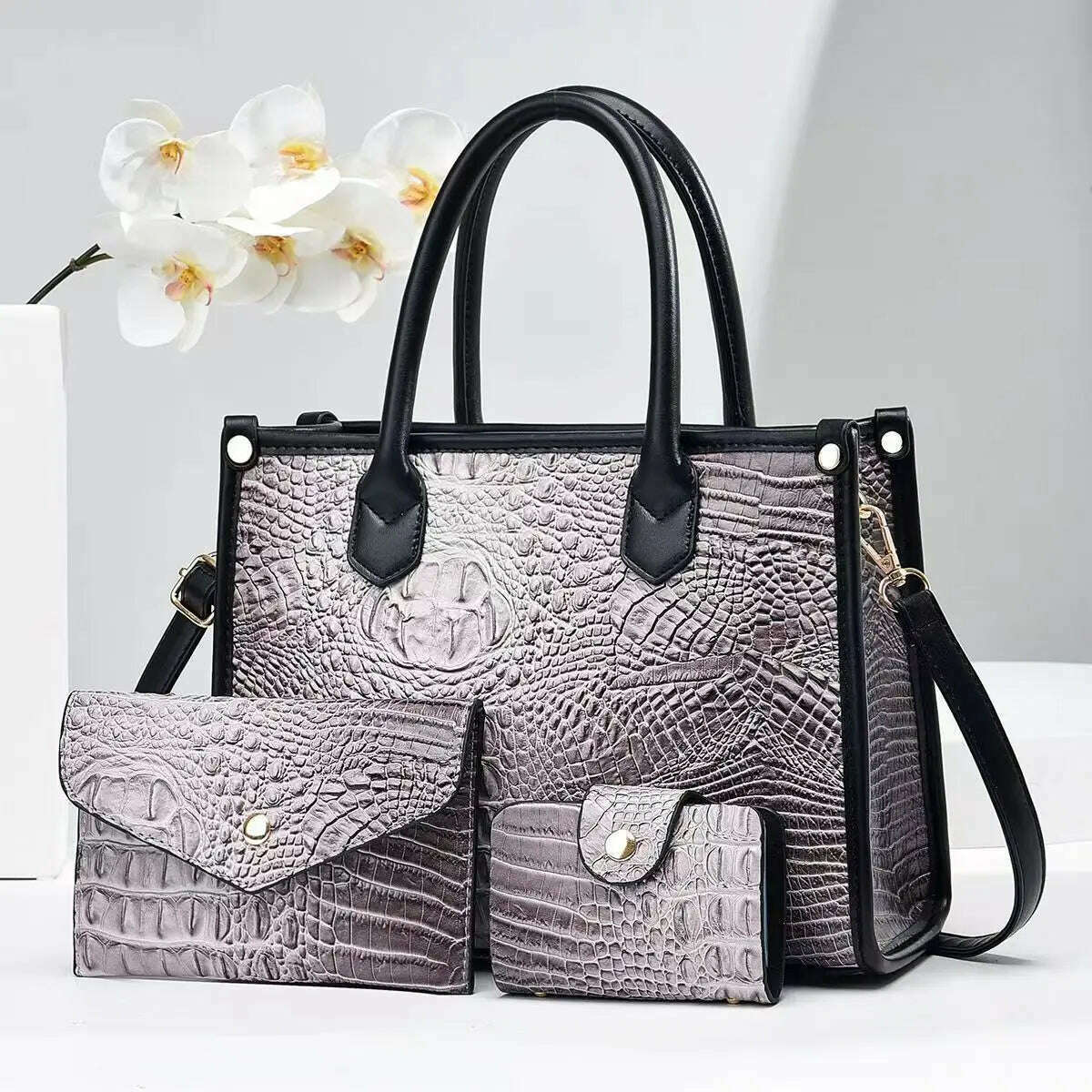 KIMLUD, 3 Pieces Sets Shoulder Bag for Women Retro Crocodile Pattern High Quality Leather Luxury Designer Crossbody Commute Tote Handbag, Light Gray, KIMLUD Women's Clothes