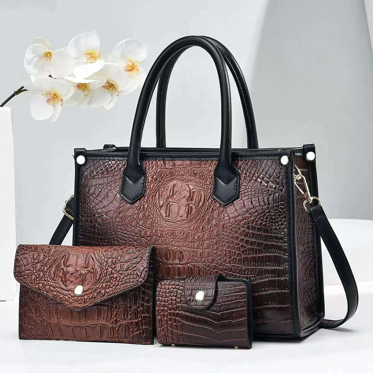 KIMLUD, 3 Pieces Sets Shoulder Bag for Women Retro Crocodile Pattern High Quality Leather Luxury Designer Crossbody Commute Tote Handbag, Brown, KIMLUD Women's Clothes