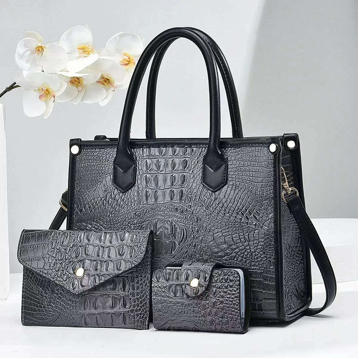 KIMLUD, 3 Pieces Sets Shoulder Bag for Women Retro Crocodile Pattern High Quality Leather Luxury Designer Crossbody Commute Tote Handbag, Dark Gray, KIMLUD Women's Clothes