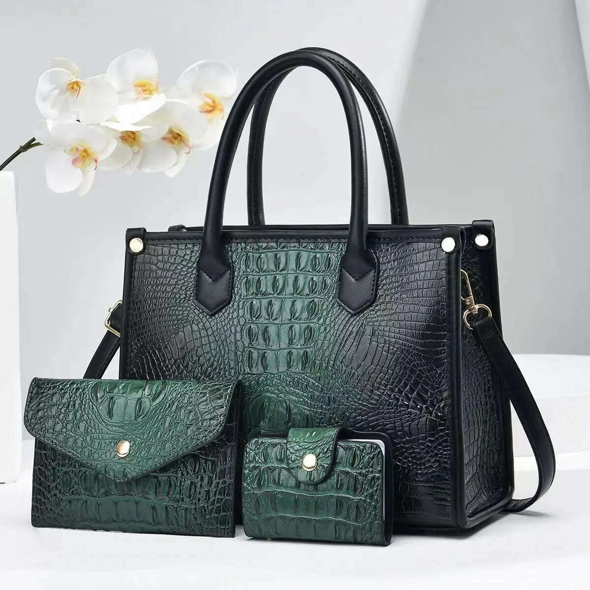 KIMLUD, 3 Pieces Sets Shoulder Bag for Women Retro Crocodile Pattern High Quality Leather Luxury Designer Crossbody Commute Tote Handbag, Green, KIMLUD Women's Clothes