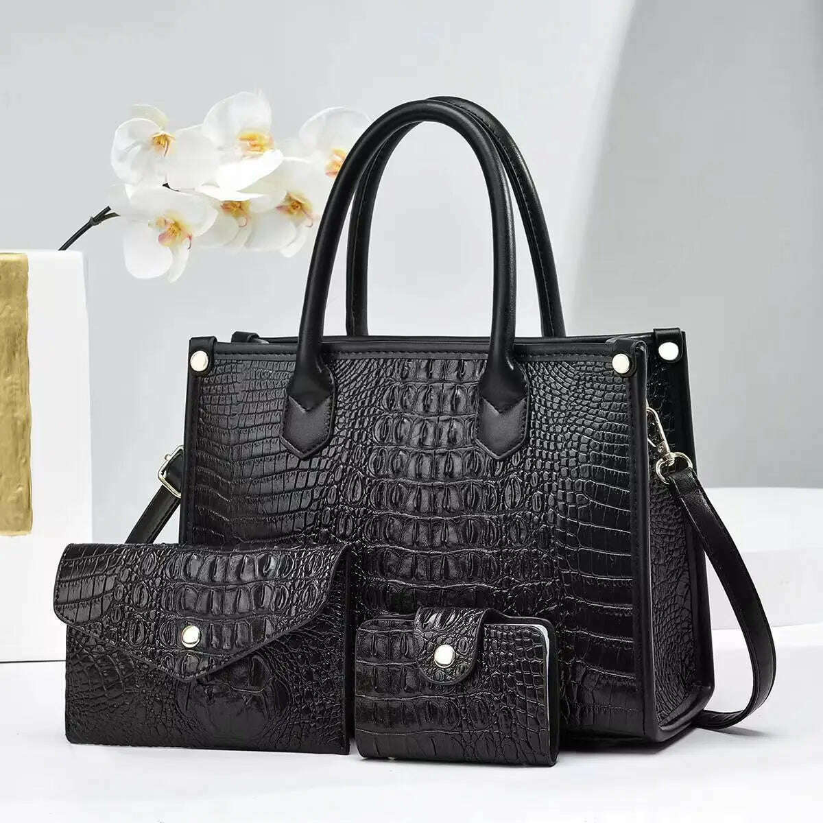 KIMLUD, 3 Pieces Sets Shoulder Bag for Women Retro Crocodile Pattern High Quality Leather Luxury Designer Crossbody Commute Tote Handbag, Black, KIMLUD Women's Clothes