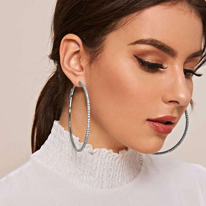 30-80mm Big Hoop Earrings For Women Girls Circle Crystal Rhinestone Earrings Black Gold Silver Color Round Earings Party Gift, KIMLUD Women's Clothes