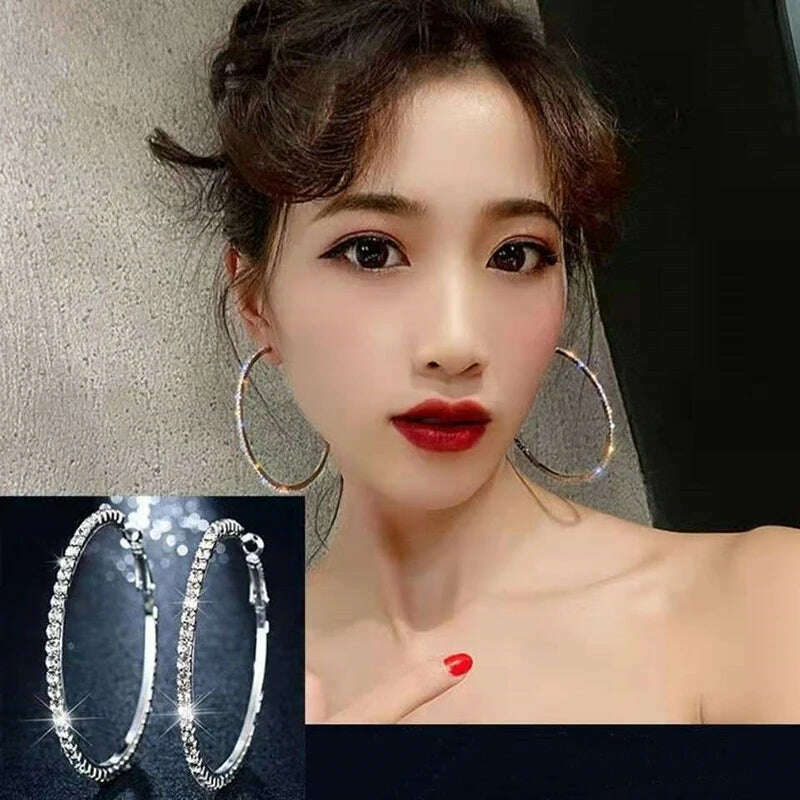 30-80mm Big Hoop Earrings For Women Girls Circle Crystal Rhinestone Earrings Black Gold Silver Color Round Earings Party Gift, KIMLUD Women's Clothes