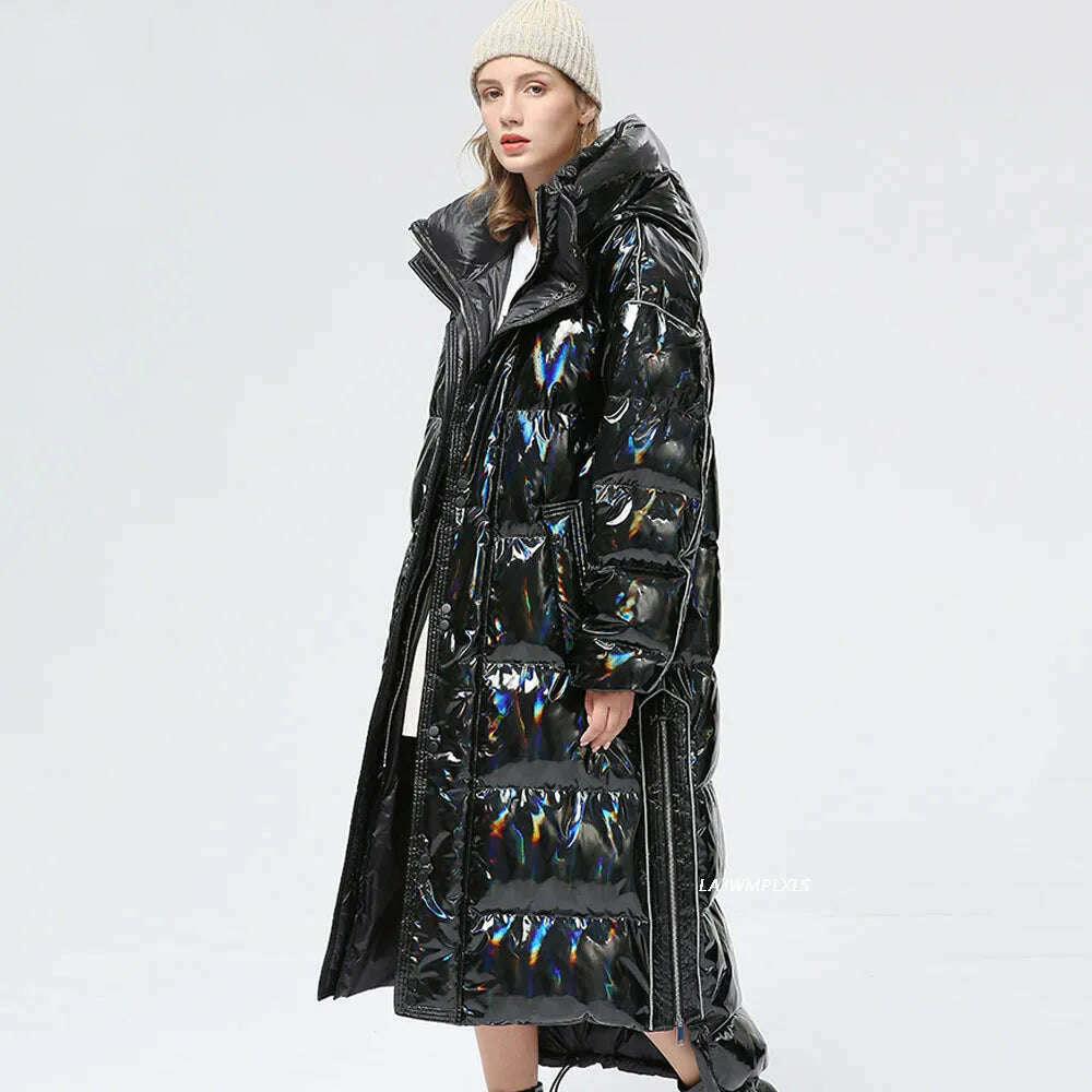 -30 degrees Waterproof Thick Winter Super Long Down Coat Women Puffer Jacket Shiny Laser 90% White Duck Down Jacket Hooded Parka - KIMLUD