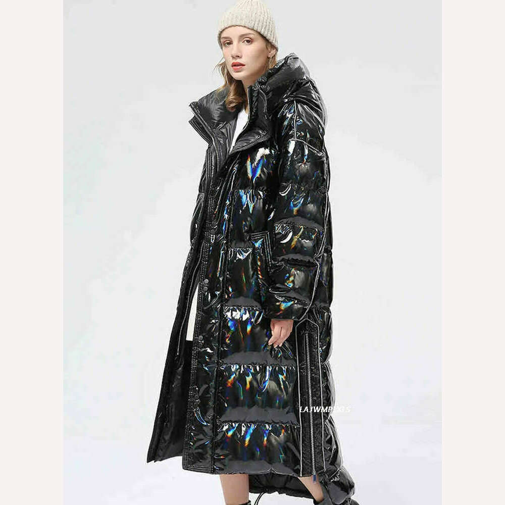 -30 degrees Waterproof Thick Winter Super Long Down Coat Women Puffer Jacket Shiny Laser 90% White Duck Down Jacket Hooded Parka - KIMLUD