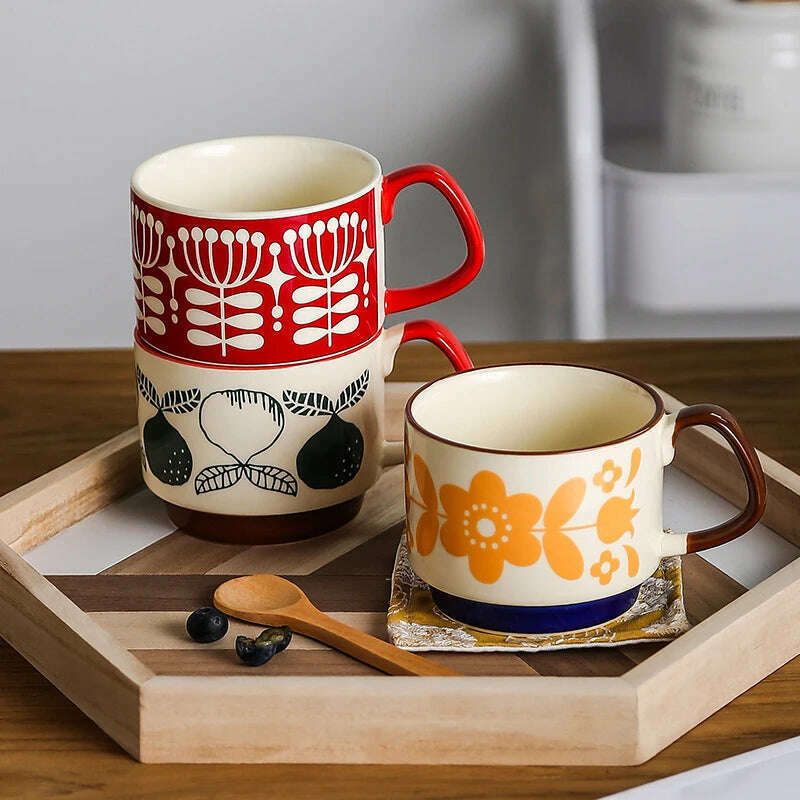 KIMLUD, 300ml Japanese Flower Coffee Mug Set Retro Ceramic Milk Oats Mug Office Water Handgrip Cup Kitchen Party Drinkware Set, KIMLUD Womens Clothes
