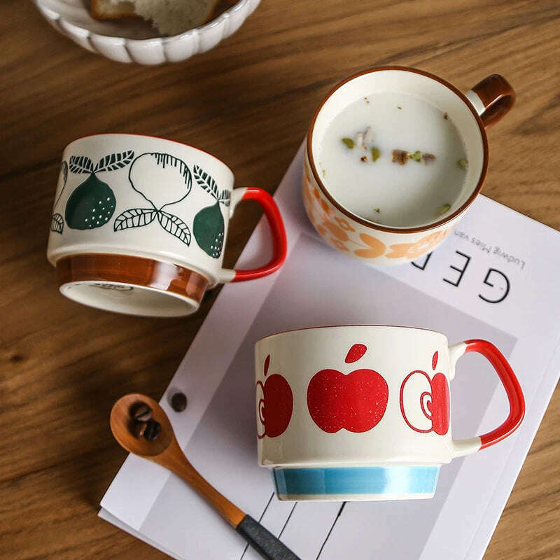 KIMLUD, 300ml Japanese Flower Coffee Mug Set Retro Ceramic Milk Oats Mug Office Water Handgrip Cup Kitchen Party Drinkware Set, KIMLUD Womens Clothes