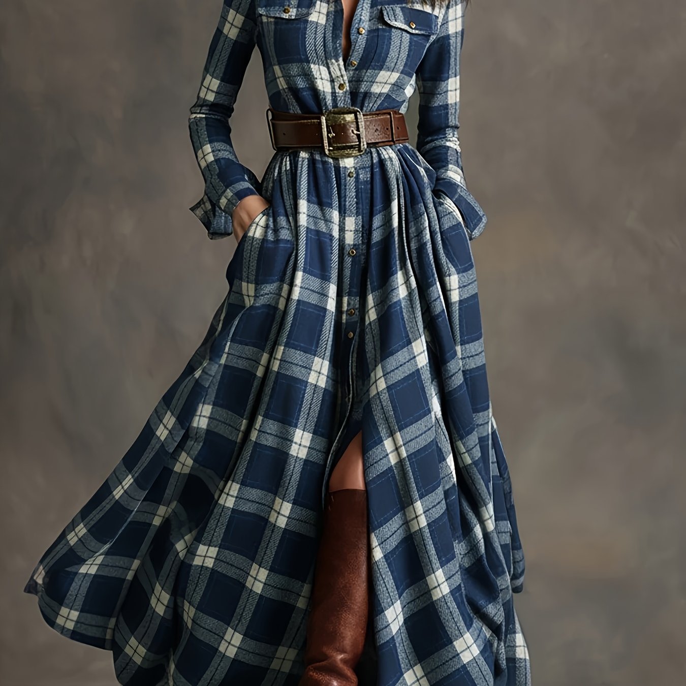 Women'S Vintage Western Plaid Shirt Dress - Long Sleeve A-Line Maxi Dress with V-Neck Collar & Belted Waist, All-Season Elegant Retro Outfit for Casual to Formal Events, Brown/Red Tartan Print, Structured Fit & Flowy Skirt