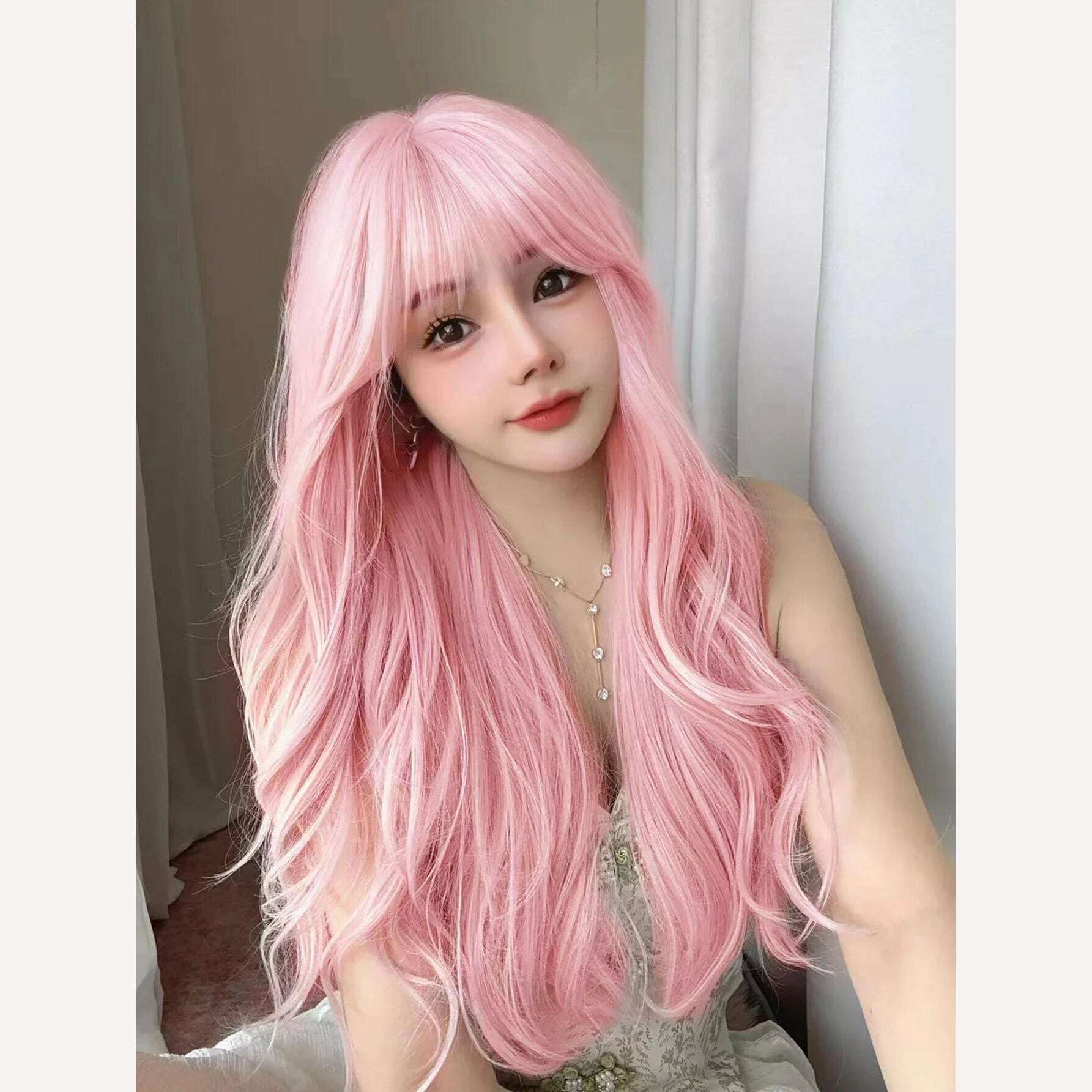 KIMLUD, 30Inch Pretty Pink Synthetic Wigs with Bang Long Natural Wavy Hair Wig for Women Daily Use Cosplay Drag Queen Heat Resistant, KIMLUD Womens Clothes