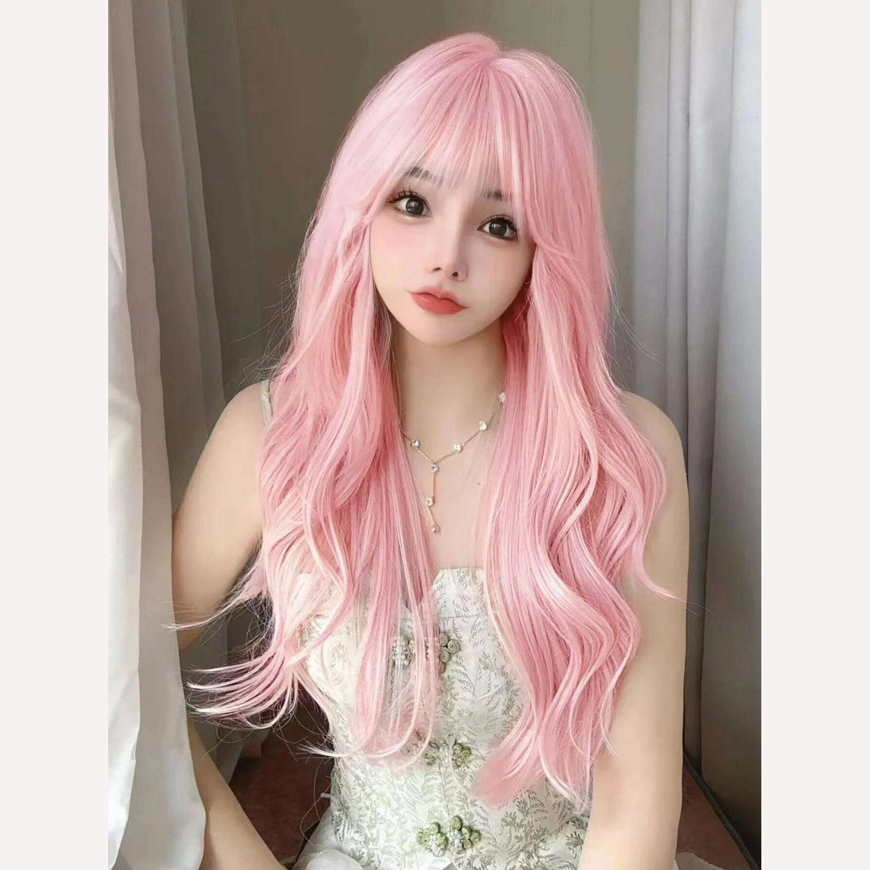 KIMLUD, 30Inch Pretty Pink Synthetic Wigs with Bang Long Natural Wavy Hair Wig for Women Daily Use Cosplay Drag Queen Heat Resistant, KIMLUD Womens Clothes