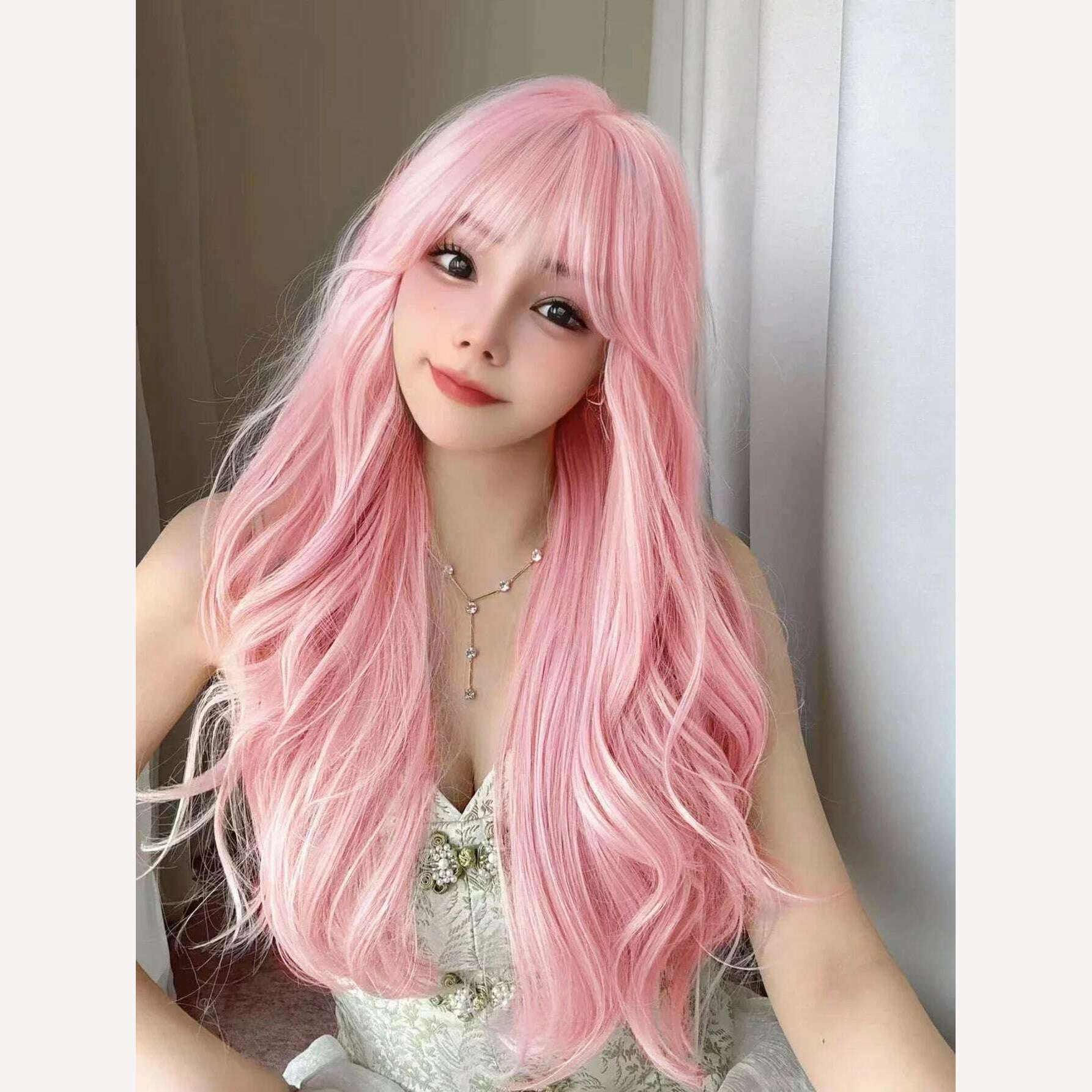 KIMLUD, 30Inch Pretty Pink Synthetic Wigs with Bang Long Natural Wavy Hair Wig for Women Daily Use Cosplay Drag Queen Heat Resistant, Pink / 2INCHES, KIMLUD Womens Clothes