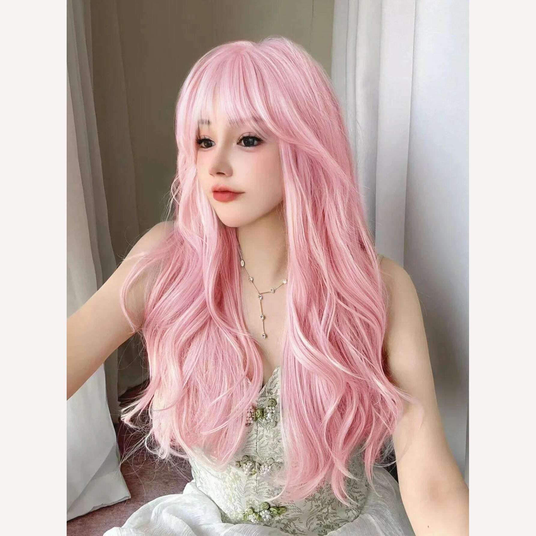 KIMLUD, 30Inch Pretty Pink Synthetic Wigs with Bang Long Natural Wavy Hair Wig for Women Daily Use Cosplay Drag Queen Heat Resistant, KIMLUD Womens Clothes