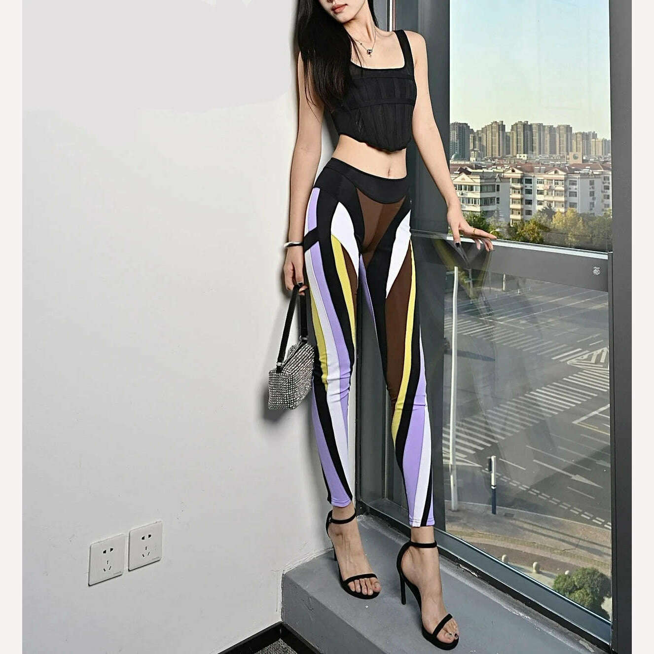 KIMLUD, 3.13 Women's Leggings 2024 Summer New Elastic Mesh Contrast Patchwork Women's Tight Pants y2k Sports Yoga Pants Traf, KIMLUD Womens Clothes