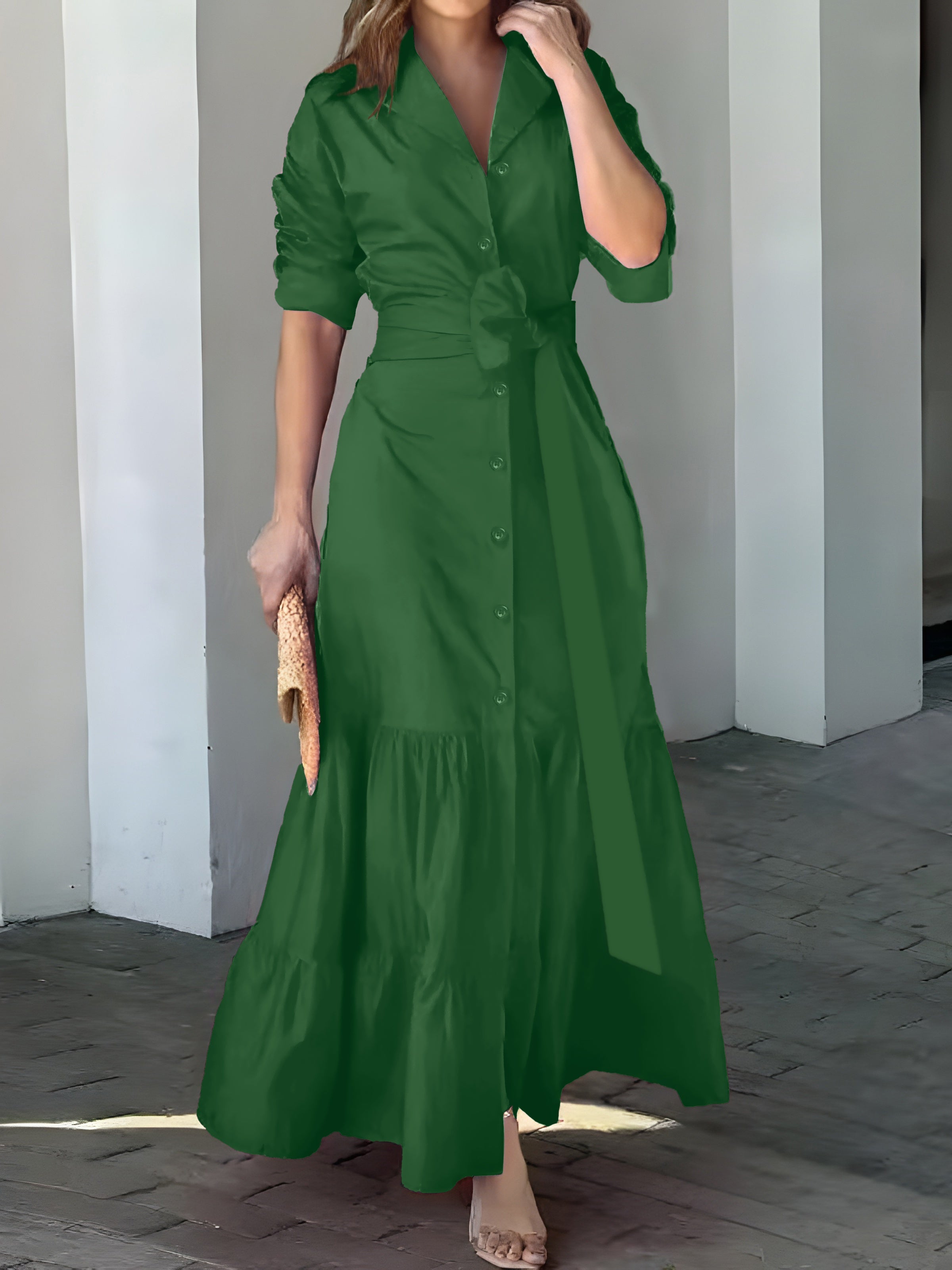 Stunning Ruffled Maxi Dress - Solid Button Front, Belted Waist, Elegant Ruched Sleeve, Flowy Design, Women's Clothing for Special Occasions