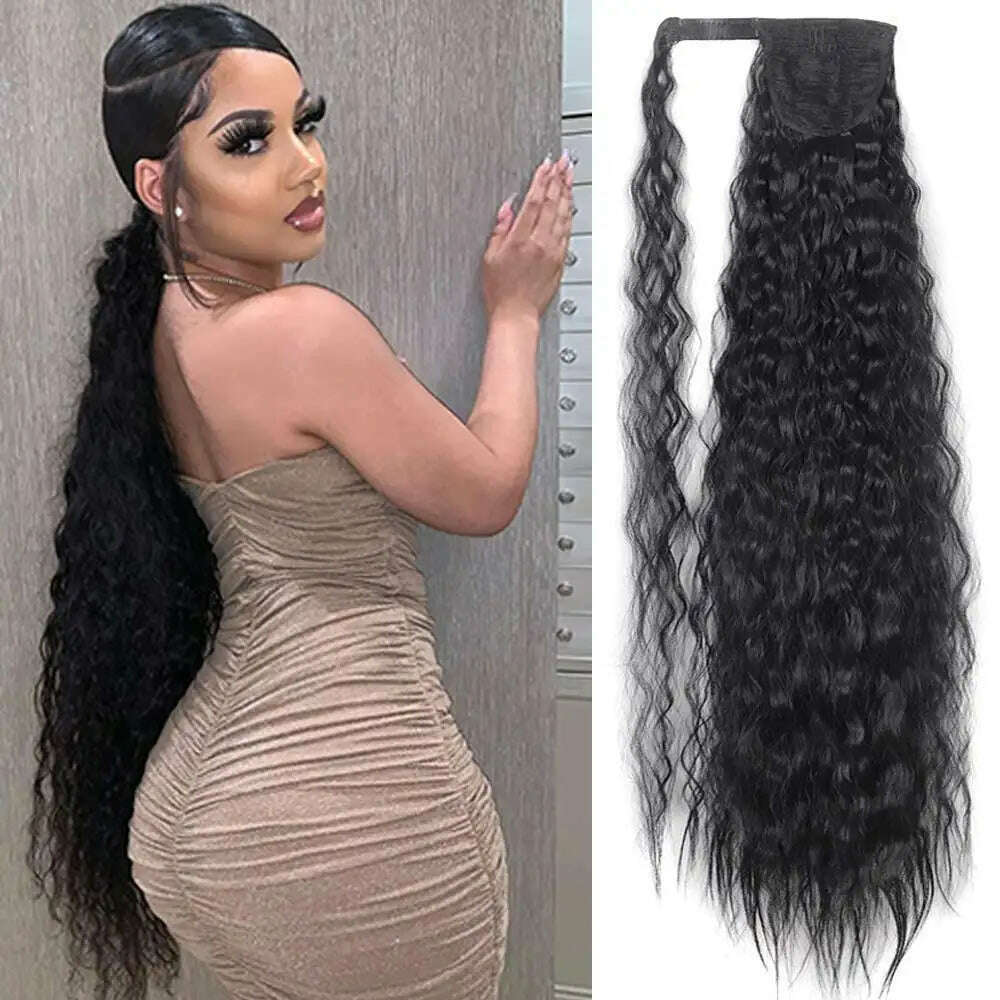 32 Inch Long Ponytail Hair Extension Corn Wavy Texture Synthetic Afro Kinky Curly Ponytail Women Hairpieces Wrap On Pony Tail - KIMLUD