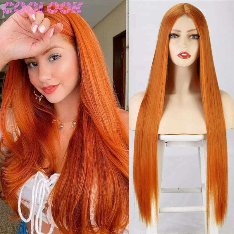 32 Inch Long Straight Ginger Wigs for Women Synthetic Orange Blonde Cosplay Wig Heat Resistant Red Pink Silver Gray Hair Wig 613 - KIMLUD