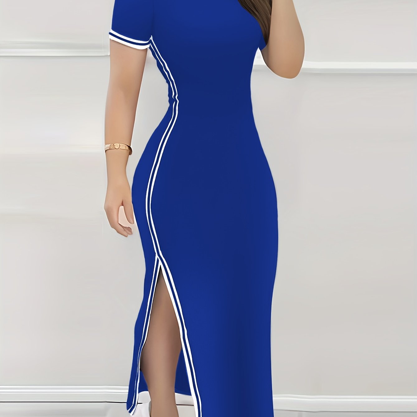 Contrast Trim Split Hem Bodycon Dress, Elegant Crew Neck Short Sleeve Dress For Spring & Summer, Women's Clothing