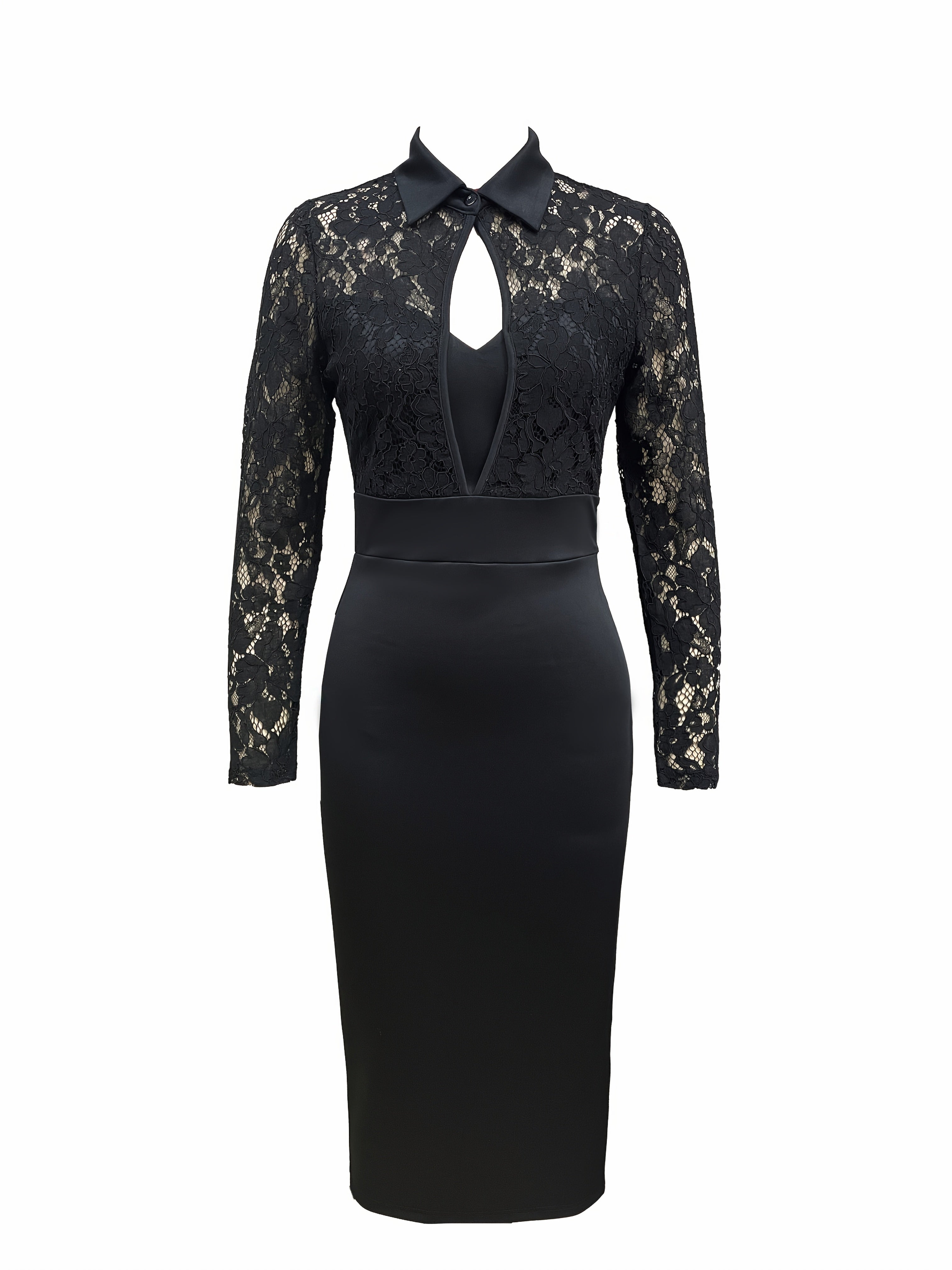 [Elegant Bodycon Dress] Elegant Black Lace-Trimmed Bodycon Midi Dress | Chic Comfort - Stretchy Polyester Blend, Machine Washable, Long Sleeves, Chic Office-Style Attire for Women