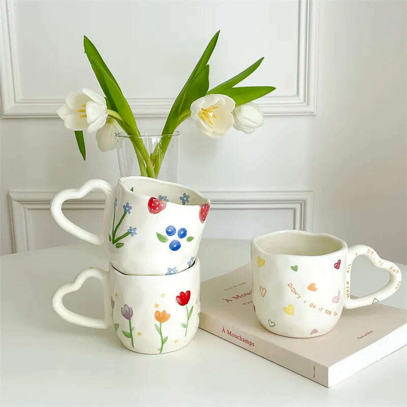 350ml Ceramic Coffee Mugs Korean Style Ins Hand Painted Floral hearts Hand Pinched Irregular Tea Milk Cup Breakfast Oatmeal Mug - KIMLUD