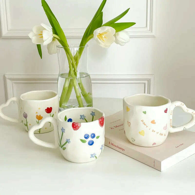 350ml Ceramic Coffee Mugs Korean Style Ins Hand Painted Floral hearts Hand Pinched Irregular Tea Milk Cup Breakfast Oatmeal Mug - KIMLUD