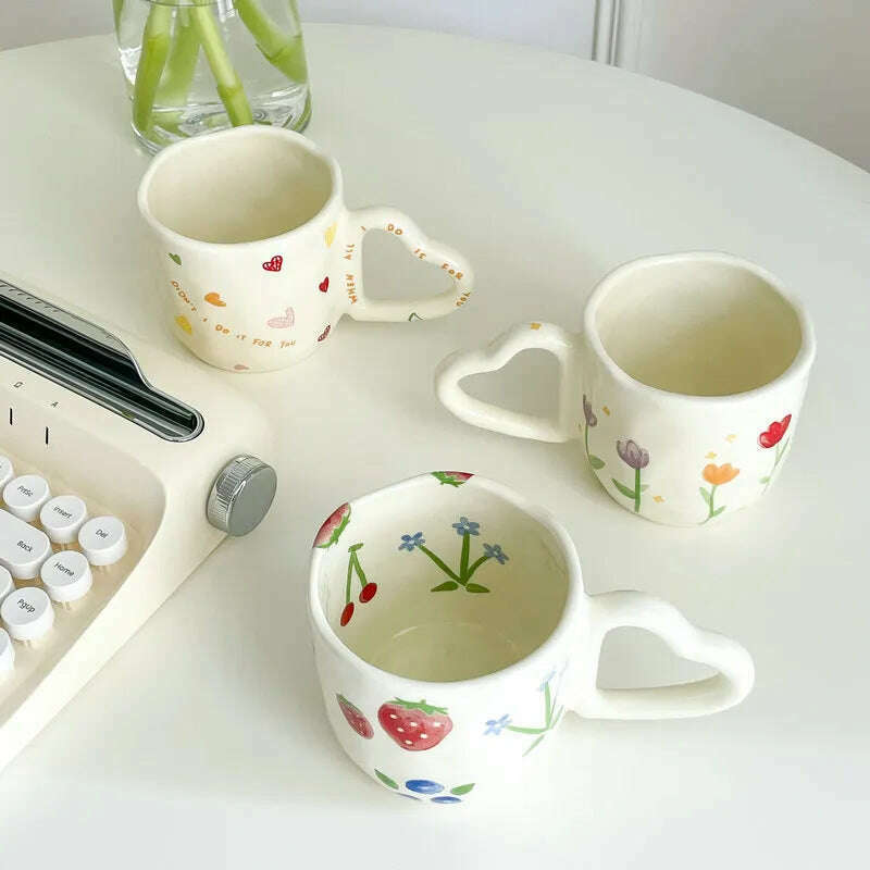 KIMLUD, 350ml Ceramic Coffee Mugs Korean Style Ins Hand Painted Floral hearts Hand Pinched Irregular Tea Milk Cup Breakfast Oatmeal Mug, KIMLUD Women's Clothes