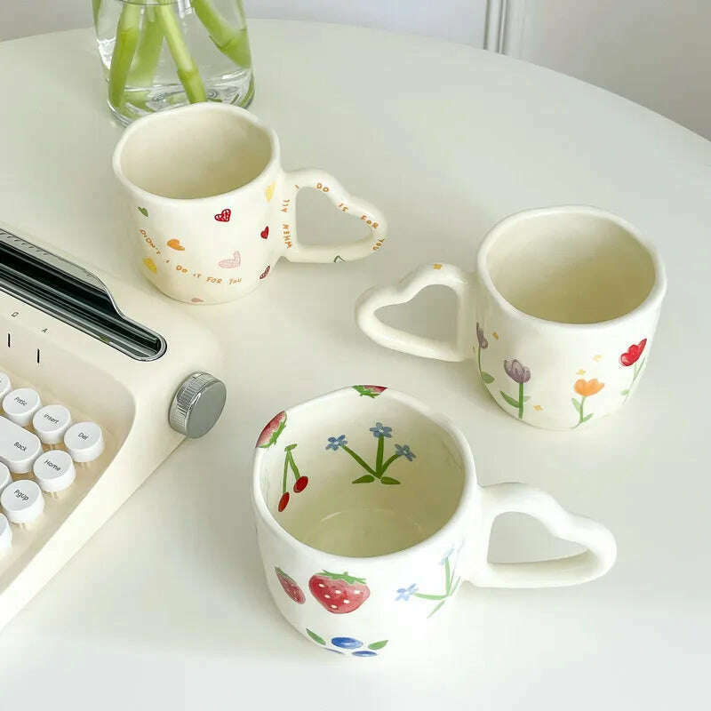 350ml Ceramic Coffee Mugs Korean Style Ins Hand Painted Floral hearts Hand Pinched Irregular Tea Milk Cup Breakfast Oatmeal Mug - KIMLUD