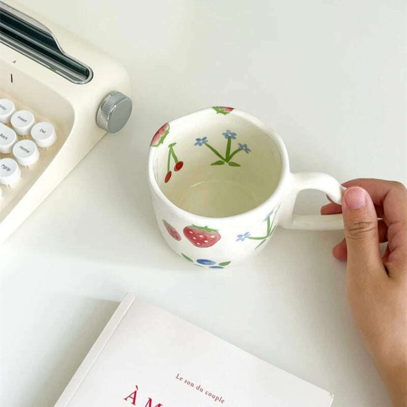 KIMLUD, 350ml Ceramic Coffee Mugs Korean Style Ins Hand Painted Floral hearts Hand Pinched Irregular Tea Milk Cup Breakfast Oatmeal Mug, KIMLUD Women's Clothes
