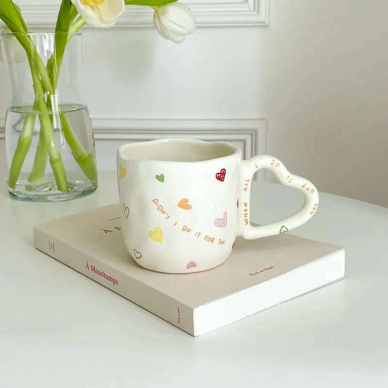 350ml Ceramic Coffee Mugs Korean Style Ins Hand Painted Floral hearts Hand Pinched Irregular Tea Milk Cup Breakfast Oatmeal Mug - KIMLUD
