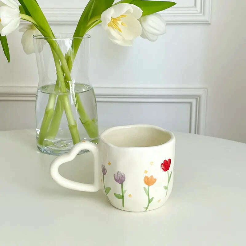 KIMLUD, 350ml Ceramic Coffee Mugs Korean Style Ins Hand Painted Floral hearts Hand Pinched Irregular Tea Milk Cup Breakfast Oatmeal Mug, Tulip / 350ML, KIMLUD Women's Clothes