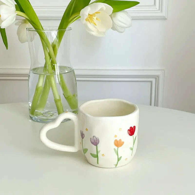 350ml Ceramic Coffee Mugs Korean Style Ins Hand Painted Floral hearts Hand Pinched Irregular Tea Milk Cup Breakfast Oatmeal Mug - KIMLUD