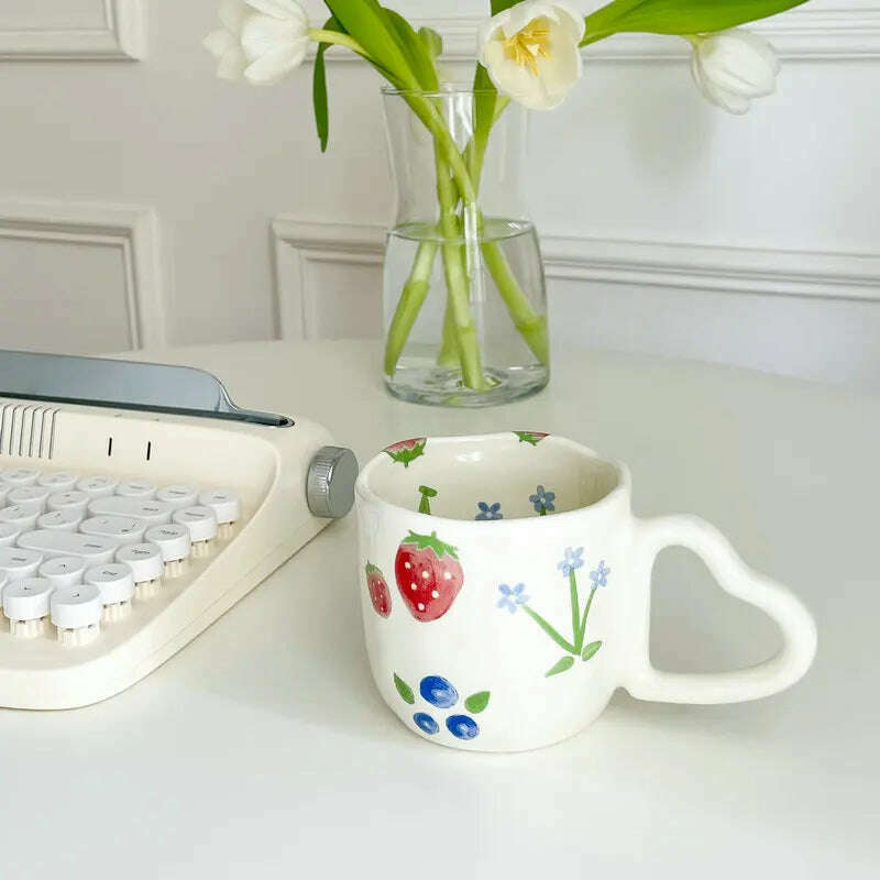 KIMLUD, 350ml Ceramic Coffee Mugs Korean Style Ins Hand Painted Floral hearts Hand Pinched Irregular Tea Milk Cup Breakfast Oatmeal Mug, Strawberries / 350ML, KIMLUD Women's Clothes