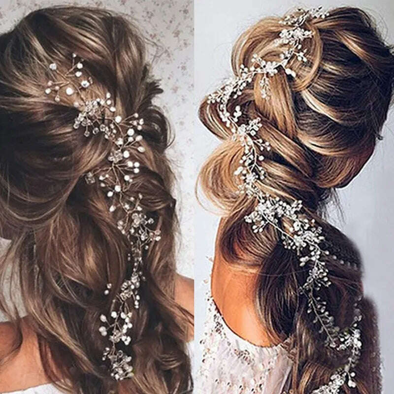 KIMLUD, 35/50cm Long Bride Handmade Crystal Pearl Hair Band Headdress Wedding Hair Accessories Headband Jewelry Korean Fashion Hairdress, KIMLUD Womens Clothes