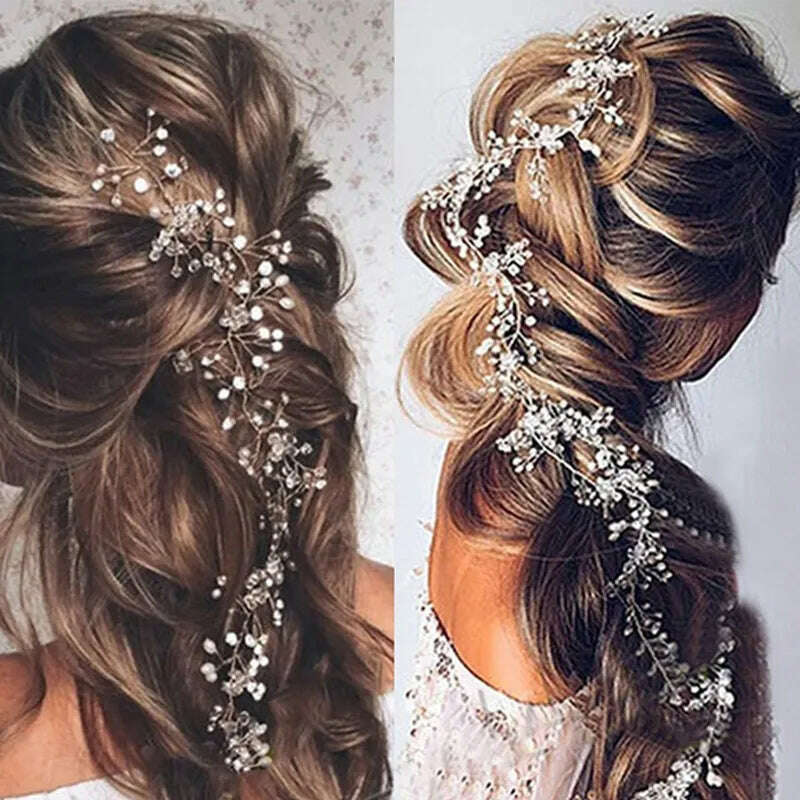 35/50cm Long Bride Handmade Crystal Pearl Hair Band Headdress Wedding Hair Accessories Headband Jewelry Korean Fashion Hairdress - KIMLUD