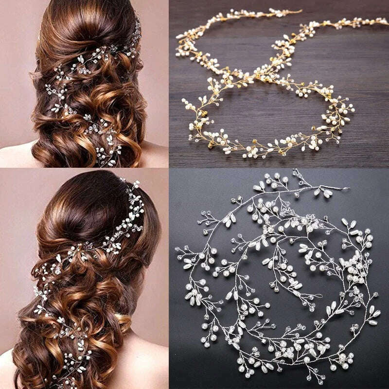KIMLUD, 35/50cm Long Bride Handmade Crystal Pearl Hair Band Headdress Wedding Hair Accessories Headband Jewelry Korean Fashion Hairdress, KIMLUD Womens Clothes