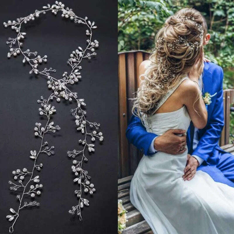 35/50cm Long Bride Handmade Crystal Pearl Hair Band Headdress Wedding Hair Accessories Headband Jewelry Korean Fashion Hairdress - KIMLUD