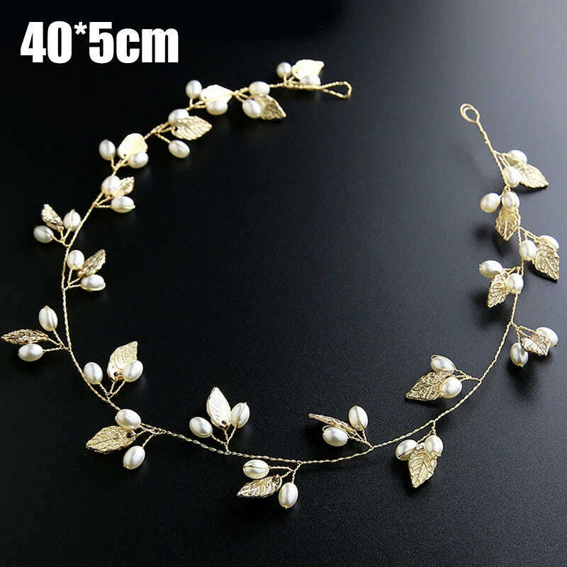 KIMLUD, 35/50cm Long Bride Handmade Crystal Pearl Hair Band Headdress Wedding Hair Accessories Headband Jewelry Korean Fashion Hairdress, God 40cm leaves, KIMLUD Womens Clothes