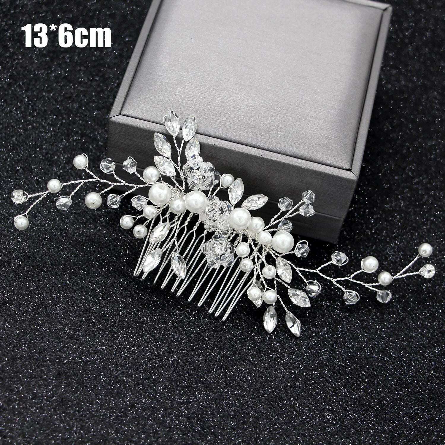 KIMLUD, 35/50cm Long Bride Handmade Crystal Pearl Hair Band Headdress Wedding Hair Accessories Headband Jewelry Korean Fashion Hairdress, Silver tiaras pin, KIMLUD Womens Clothes