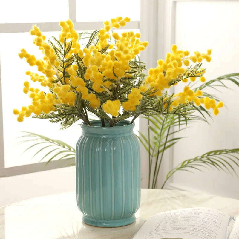 38cm Fake Acacia Artificial Flowers Yellow Mimosa Spray Cherry Fruit Branch Wedding Home Table Decoration Fake Flower - KIMLUD